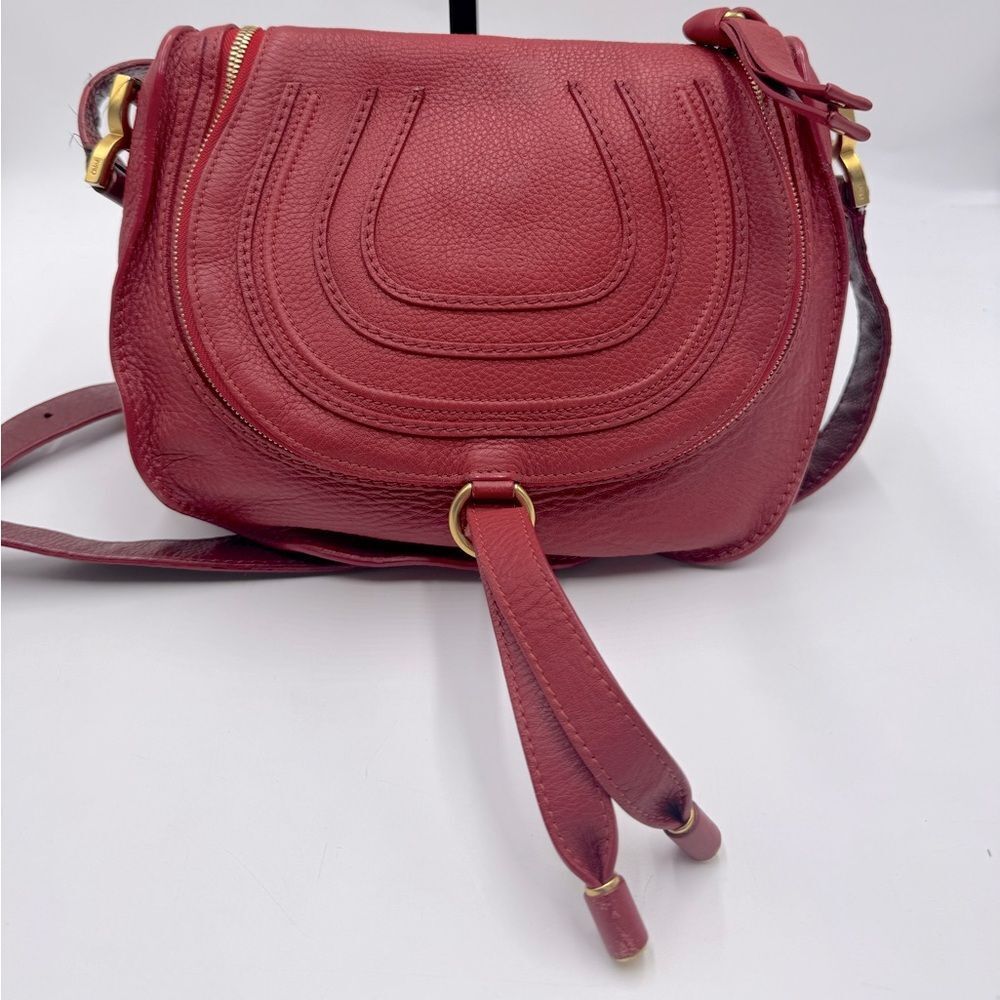 Chloe Marcie Scarlet Red Leather with Burgundy Crossbody Saddle Bag Auth - Picture 2 of 16